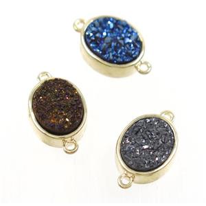 Druzy Quartz oval connector, mix color, approx 10x12mm