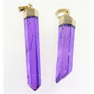 Clear Quartz stick pendant, purple, gold plated, approx 10-50mm
