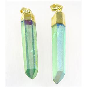 Clear Quartz stick pendant, green, gold plated, approx 10-50mm