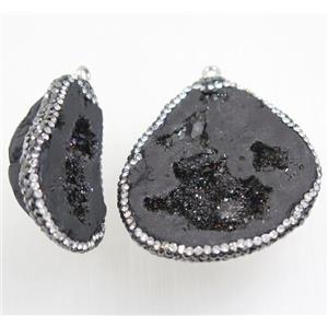 black Druzy Agate pendant pave rhinestone, freeform, approx 20-40mm