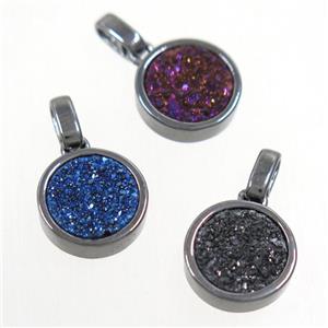 Druzy Agate pendant, mix color, flat round, black plated, approx 11mm dia