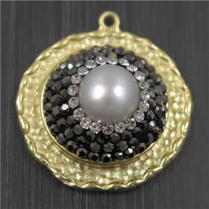 white Pearl pendant pave rhinestone, copper, flat round, duck silver plated, approx 24mm dia