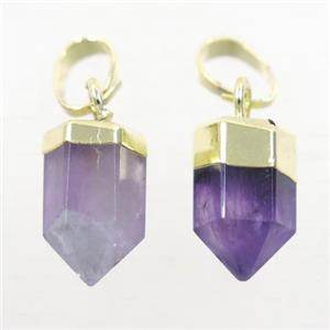 purple Amethyst bullet pendants, gold plated, approx 6.5x17mm