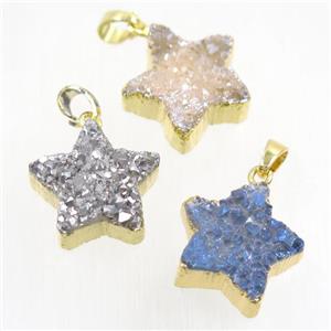 mixed color Druzy Quartz star pendant, gold plated, approx 20mm dia