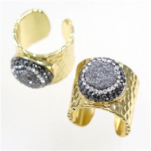 silver Druzy Quartz Copper Ring pave rhinestone, gold plated, approx 10-22mm