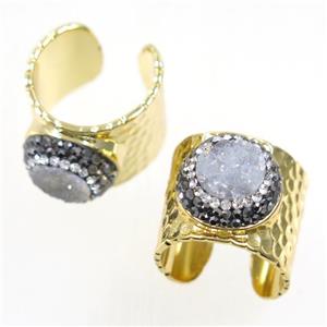 white Druzy Quartz Copper Ring pave rhinestone, gold plated, approx 10-22mm