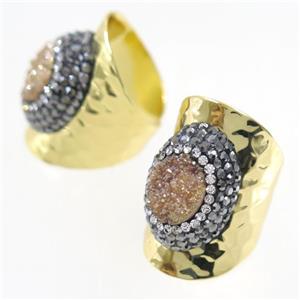 champagne Druzy Quartz Copper Ring pave rhineston, gold plated, approx 10-22mm