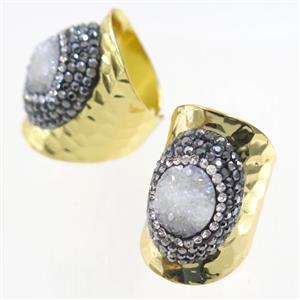 white Druzy Quartz Copper Ring pave rhineston, gold plated, approx 10-22mm