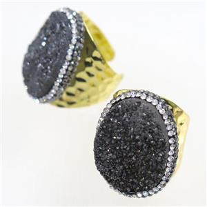 black Druzy Quartz copper Ring paved rhinestone, gold plated, approx 20-25mm