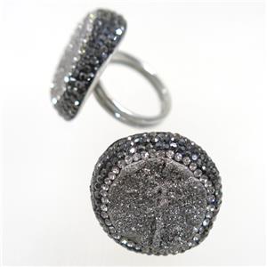 silver Quartz Druzy Ring paved rhinestone, approx 19mm dia