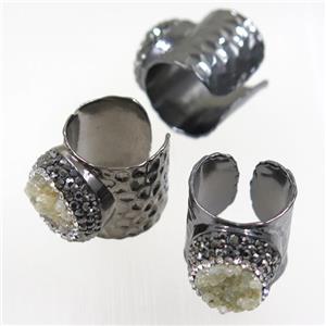 quartz druzy ring paved rhinestone, black plated, approx 18mm dia