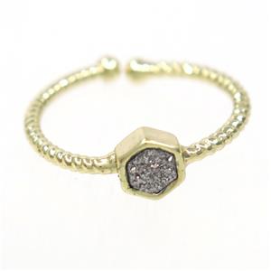 silver druzy quartz ring, hexagon, gold plated, approx 6mm, 18mm dia