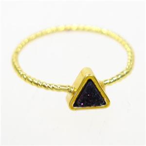 black druzy quartz ring, triangle, gold plated, approx 6mm, 18mm dia