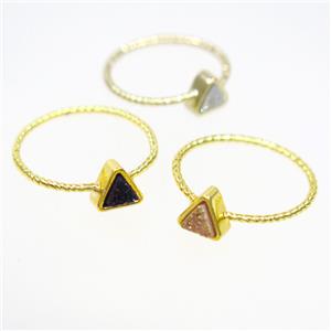 mix color druzy quartz ring, triangle, gold plated, approx 6mm, 18mm dia