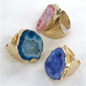 Agate Druzy Geode Rings Mixed Color Gold Plated, approx 20-30mm