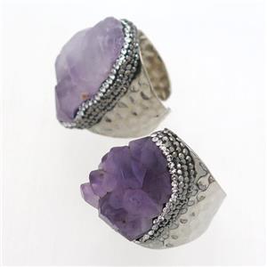 Amethyst Druzy Ring paved rhinestone, copper, platinum plated, approx 20-30mm