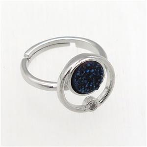 blue Druzy Quartz Rings, copper, platinum plated, approx 8mm, 18mm dia