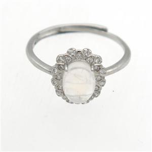 Natural rainbow MoonStone Rings, copper, platinum plated, approx 6-8mm, 18mm dia