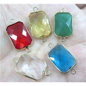 Chinese crystal glass connector, faceted rectangle, gold plated, approx 10x14mm