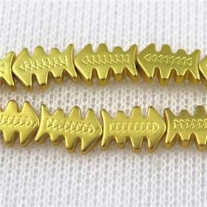 Hematite beads, fishbone, gold plated, approx 8x10mm