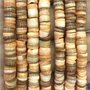 Shell heishi beads, orange dye, approx 5-6mm, 2-2.5mm thickness