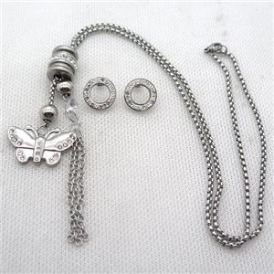 stainless steel Jewelry Sets, butterfly, platinum plated, approx 2.5mm, 16-28mm, 70mm, 14mm dia