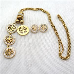 stainless steel necklace and earring, tree of life, gold plated, approx 2.5mm, 18mm, 20mm, 15mm dia