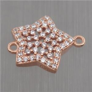 Sterling Silver star connector paved zircon, rose gold, approx 12mm dia