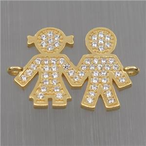 Sterling Silver couple connector paved zircon, gold plated, approx 13-17mm