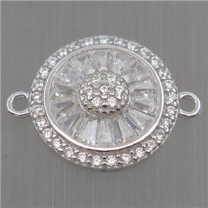 Sterling Silver sunflower connector paved zircon, platinum plated, approx 13mm dia