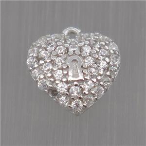 Sterling Silver heart pendant paved zircon, platinum plated, approx 8mm