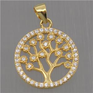 Sterling Silver pendant paved zircon, tree of life, gold plated, approx 15mm