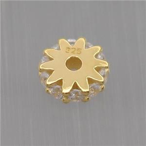 Sterling Silver beads paved zircon, rondelle, gold plated, approx 6mm dia