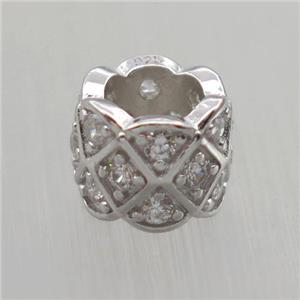 Sterling Silver column beads paved zircon, large hole, platinum plated, approx 6-8mm, 4.5mm hole