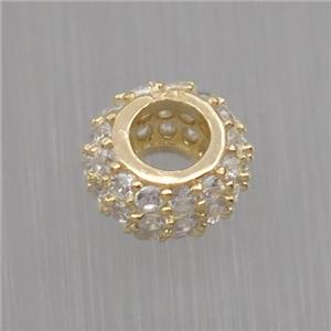 European style Sterling Silver beads paved zircon, rondelle, gold plated, approx 6mm, 3mm hole