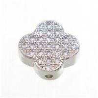 copper four-leaf Clover beads paved zircon, platinum plated, approx 10mm dia