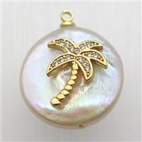 Natural pearl pendant with zircon, coconut tree, approx 16mm dia