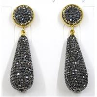 resin earring pave white rhinestone, teardrop, approx 15x33mm