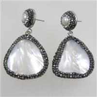 pearlized shell earring paved rhinestone, approx 13mm, 30mm