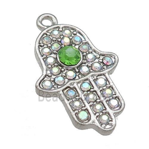 Tibetan Style Zinc Hamsahand Charms Pendant Pave Rhinestone Antique Silver