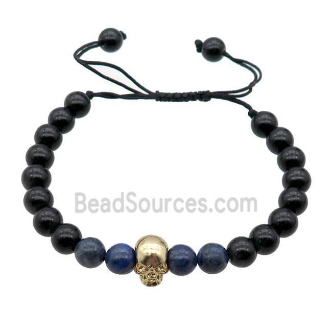 black Onyx Agate Bracelet with skull charm, adjustable