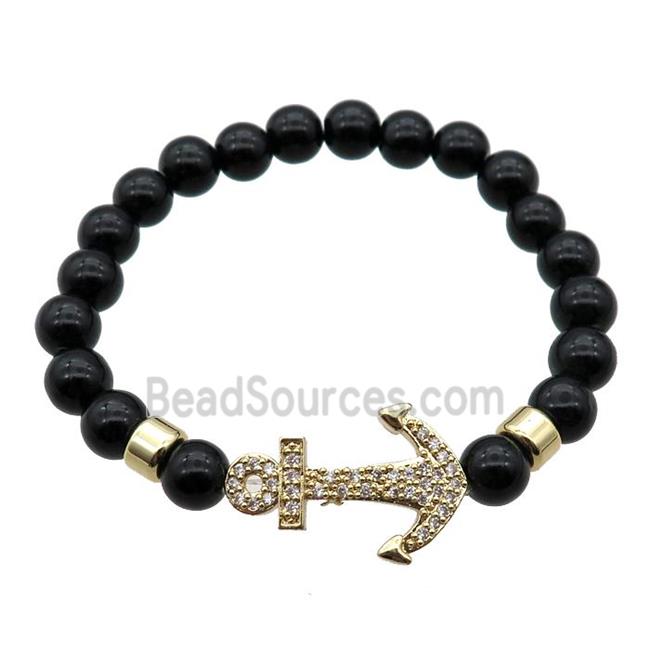 black Onyx Agate Bracelet with anchor, stretchy