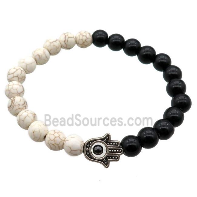 black Onyx Agate and white turquoise Bracelet with hamsahand, stretchy