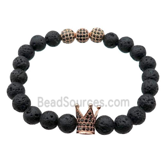 black Lava Stone Bracelets with crown, stretchy