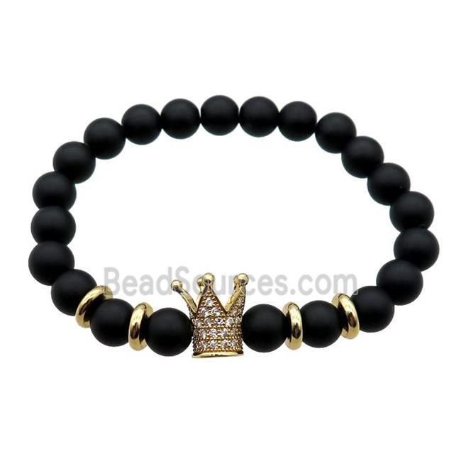 black matte Onyx Agate Bracelet with crown, stretchy