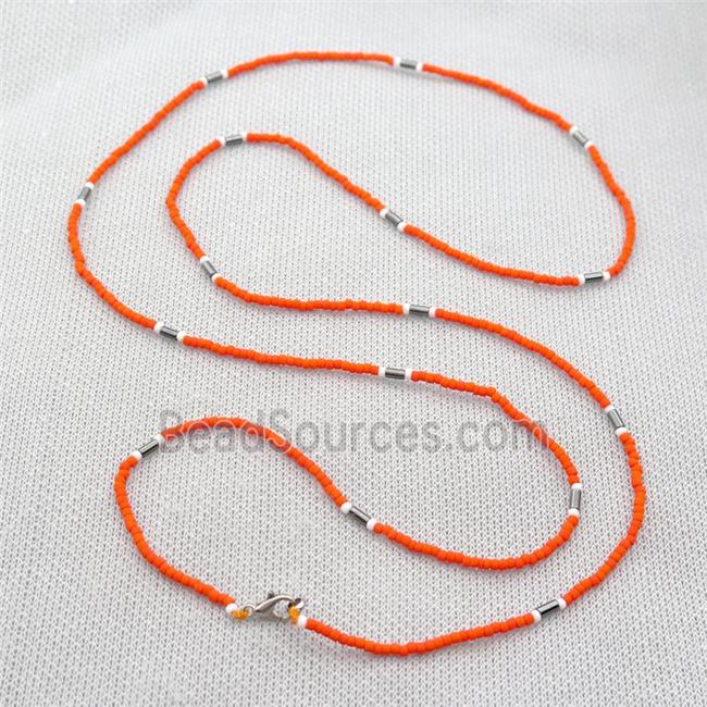 orange Glass Seed Beaded Necklace