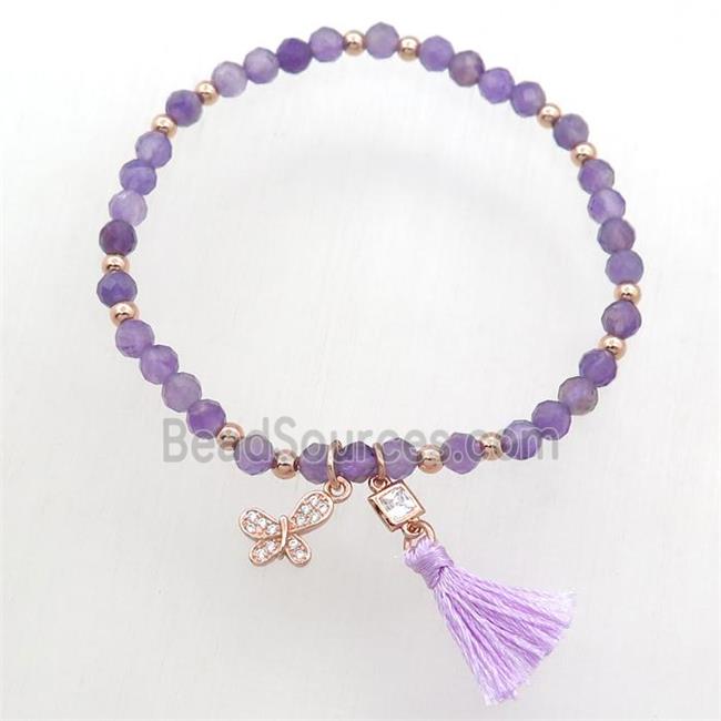 purple Amethyst Bracelet with tassel, stretchy