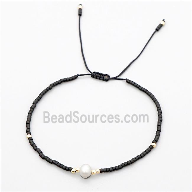 Handmade Miyuki Glass Bracelet With Pearl Adjustable Black