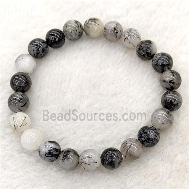 Natural Black Rutilated Quartz Bracelet Round Stretchy