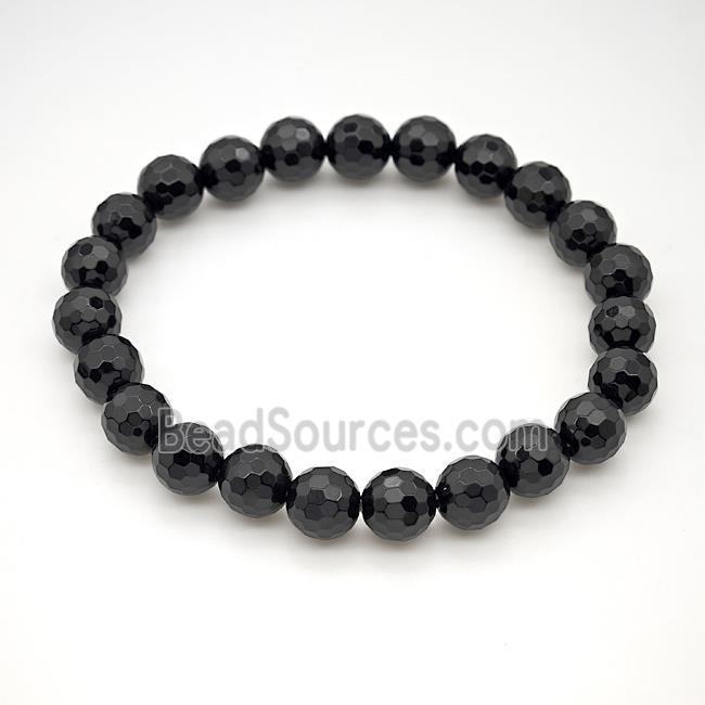 Natural Black Onyx Agate Bracelet Faceted Round Stretchy